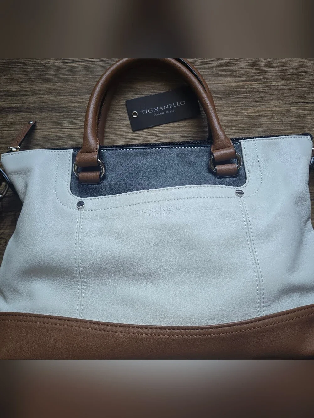 NWT Tignanello Colorblock 100% Leather Medium Satchel - White, Tan & Black - Picture 2 of 6
